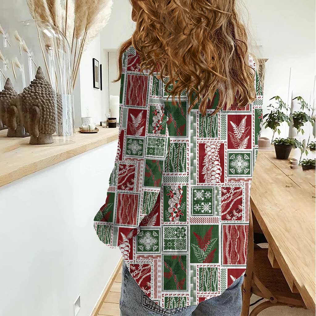 Mele Kalikimaka Hawaiian Quilt and Lei Patchwork Women Casual Shirt - Polynesian Pride