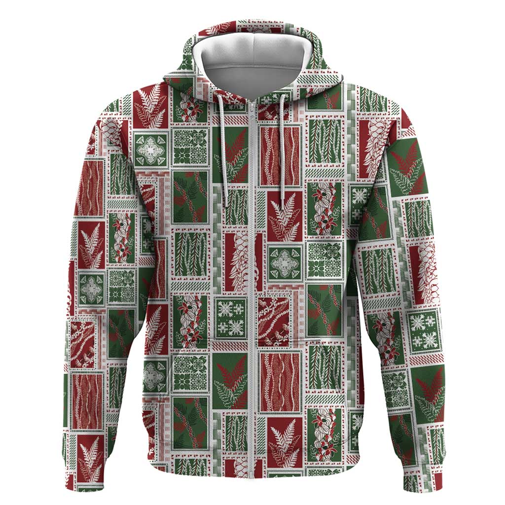 Mele Kalikimaka Hawaiian Quilt and Lei Patchwork Zip Hoodie LT9 Zip Hoodie Red - Polynesian Pride