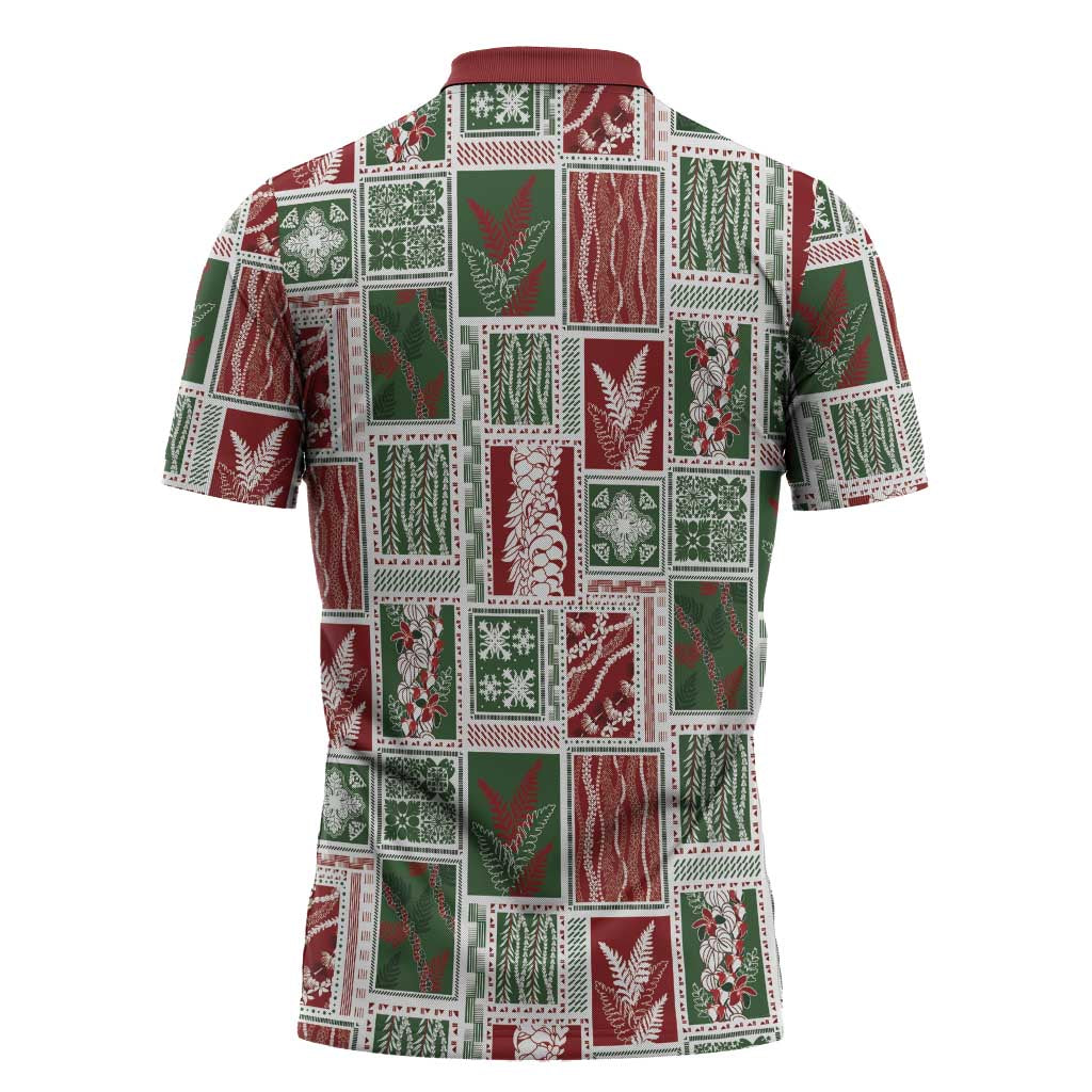 Mele Kalikimaka Hawaiian Quilt and Lei Patchwork Zipper Polo Shirt - Polynesian Pride