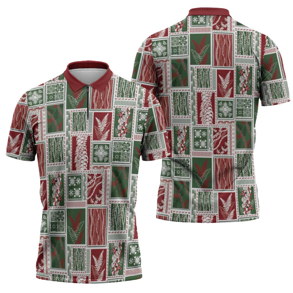 Mele Kalikimaka Hawaiian Quilt and Lei Patchwork Zipper Polo Shirt - Polynesian Pride