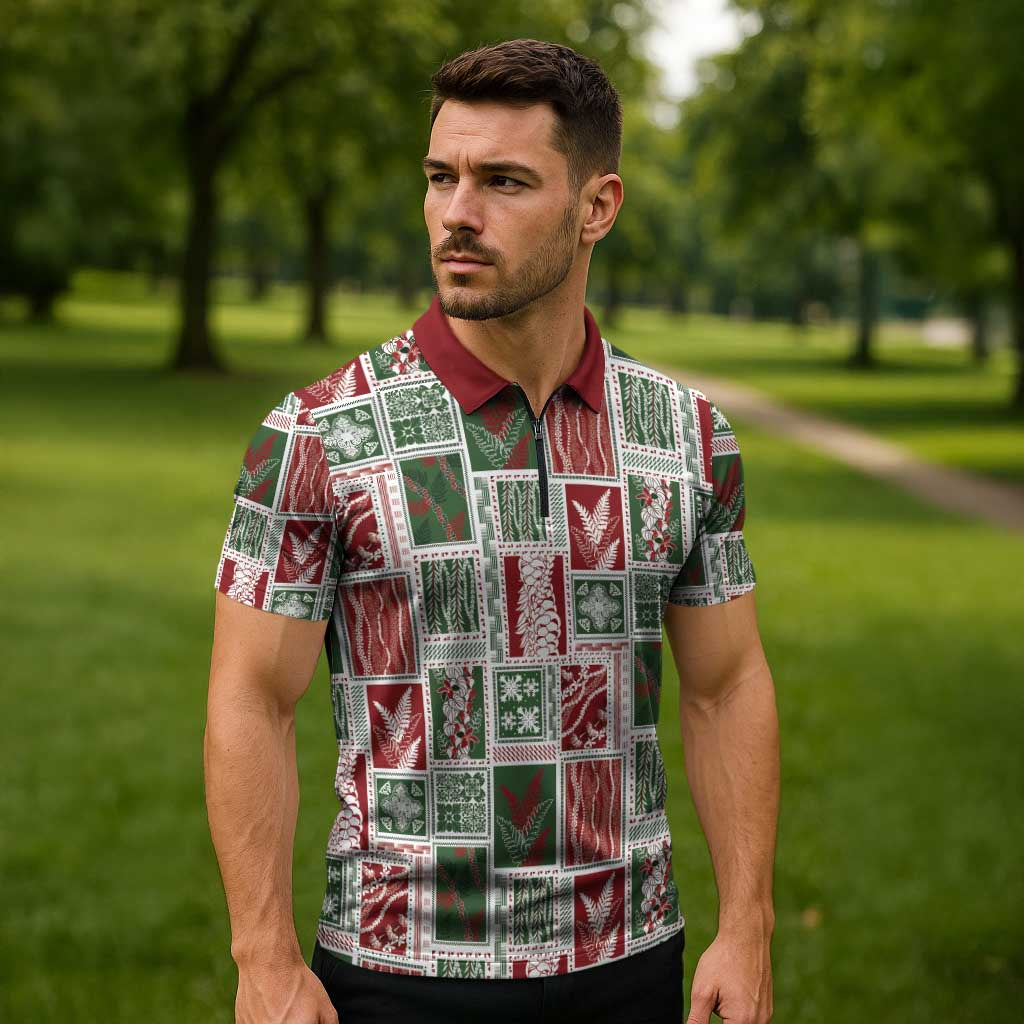 Mele Kalikimaka Hawaiian Quilt and Lei Patchwork Zipper Polo Shirt - Polynesian Pride