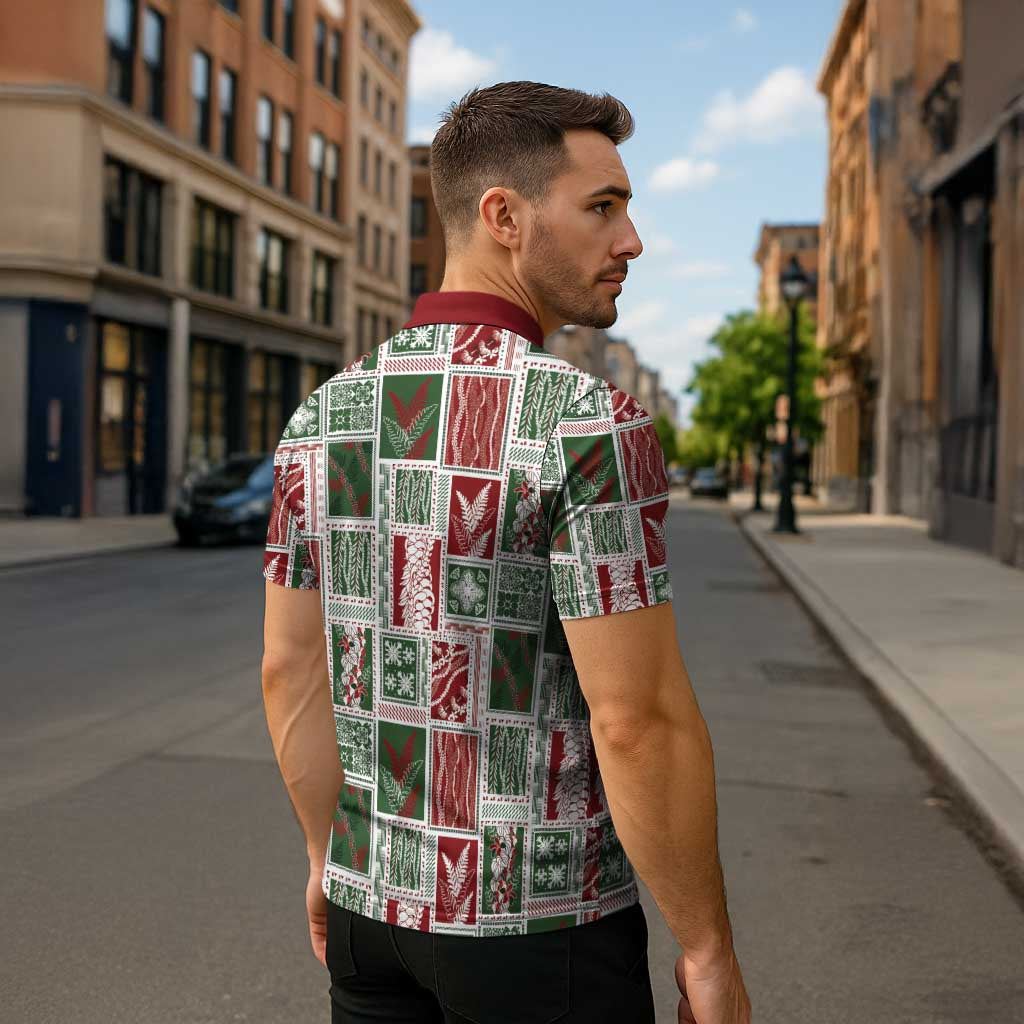 Mele Kalikimaka Hawaiian Quilt and Lei Patchwork Zipper Polo Shirt - Polynesian Pride