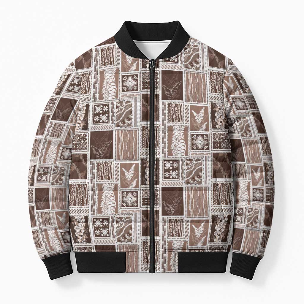 Vintage Aloha Block Quilt Bomber Puffer Jacket Beige Inspired Lei Motifs LT9 Unisex Beige - Polynesian Pride