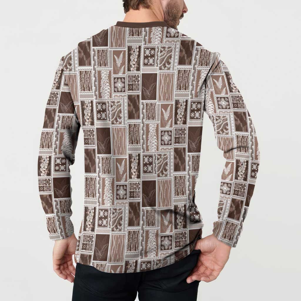 Vintage Aloha Block Quilt Button Sweatshirt Beige Inspired Lei Motifs - Polynesian Pride