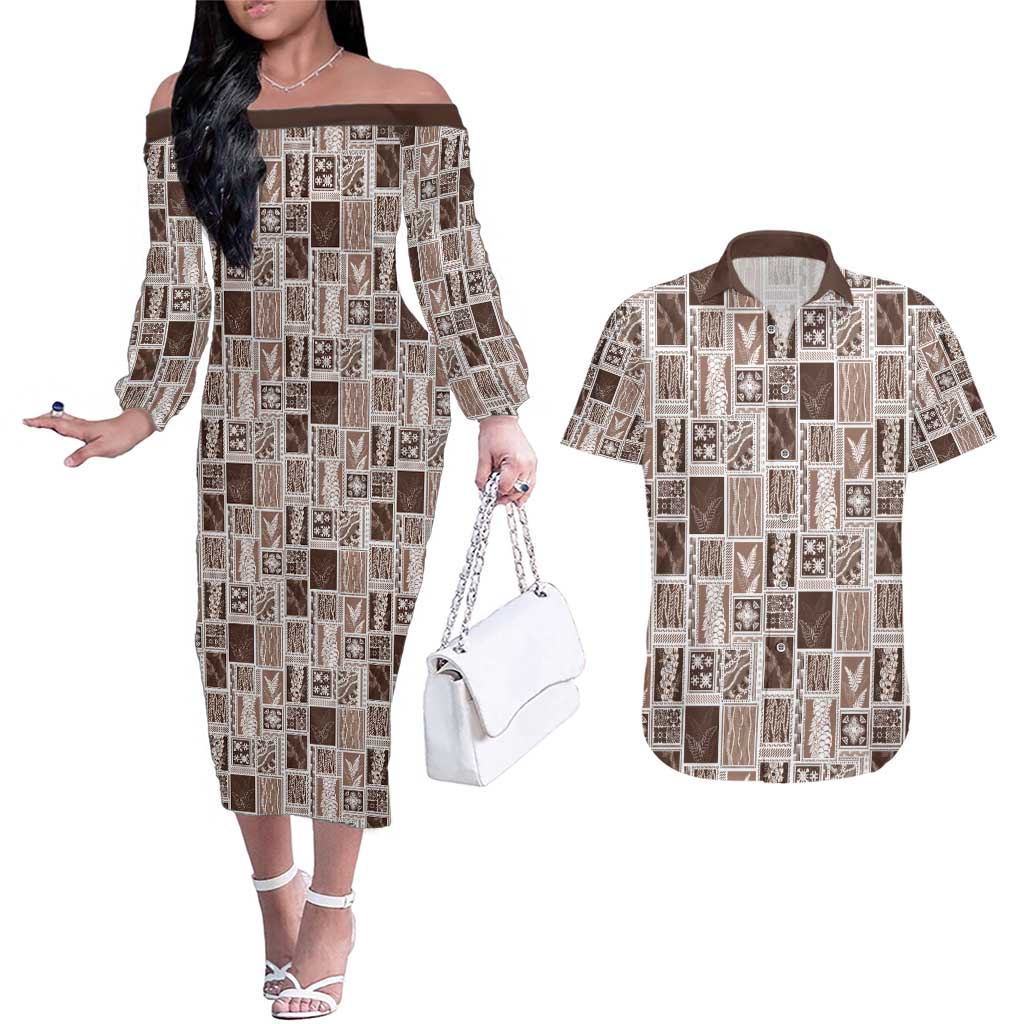 Vintage Aloha Block Quilt Couples Matching Off The Shoulder Long Sleeve Dress and Hawaiian Shirt Beige Inspired Lei Motifs - Polynesian Pride