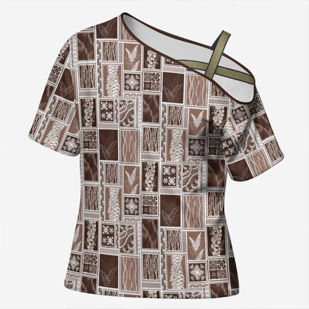 Vintage Aloha Block Quilt Cross Shoulder Shirt Beige Inspired Lei Motifs LT9 Female Beige - Polynesian Pride