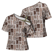 Vintage Aloha Block Quilt Cross Shoulder Shirt Beige Inspired Lei Motifs - Polynesian Pride