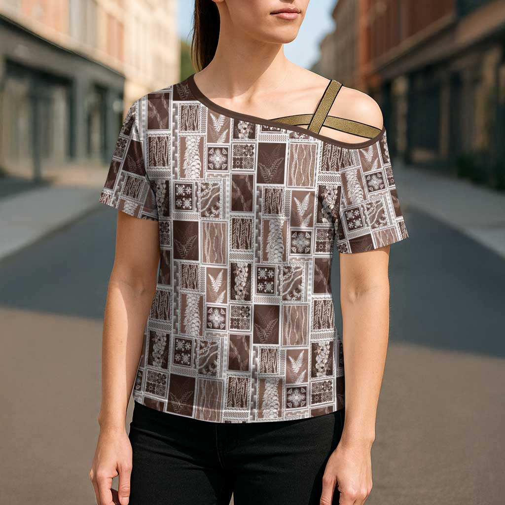 Vintage Aloha Block Quilt Cross Shoulder Shirt Beige Inspired Lei Motifs - Polynesian Pride