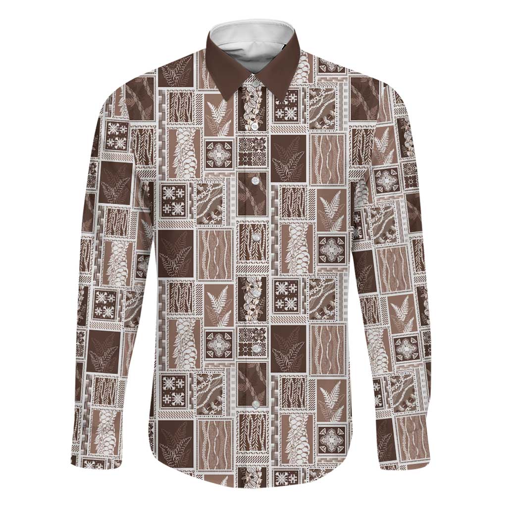 Vintage Aloha Block Quilt Family Matching Long Sleeve Bodycon Dress and Hawaiian Shirt Beige Inspired Lei Motifs LT9 Dad's Shirt - Long Sleeve Beige - Polynesian Pride
