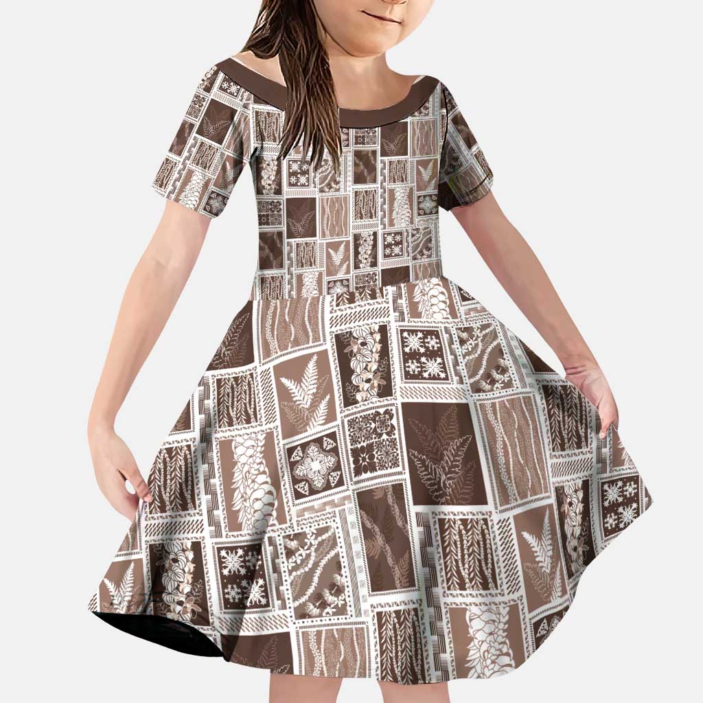 Vintage Aloha Block Quilt Family Matching Mermaid Dress and Hawaiian Shirt Beige Inspired Lei Motifs LT9 Daughter's Dress Beige - Polynesian Pride