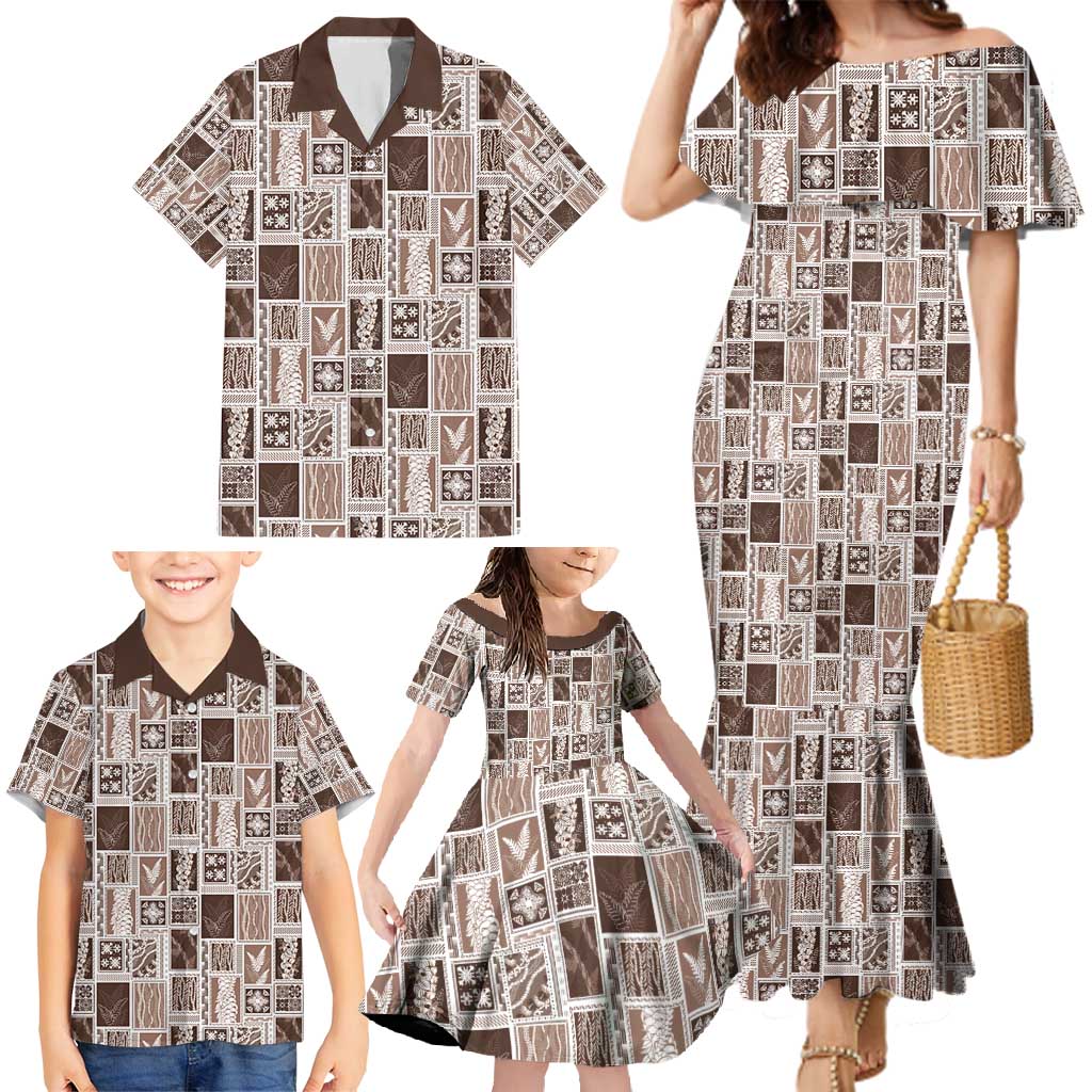 Vintage Aloha Block Quilt Family Matching Mermaid Dress and Hawaiian Shirt Beige Inspired Lei Motifs - Polynesian Pride
