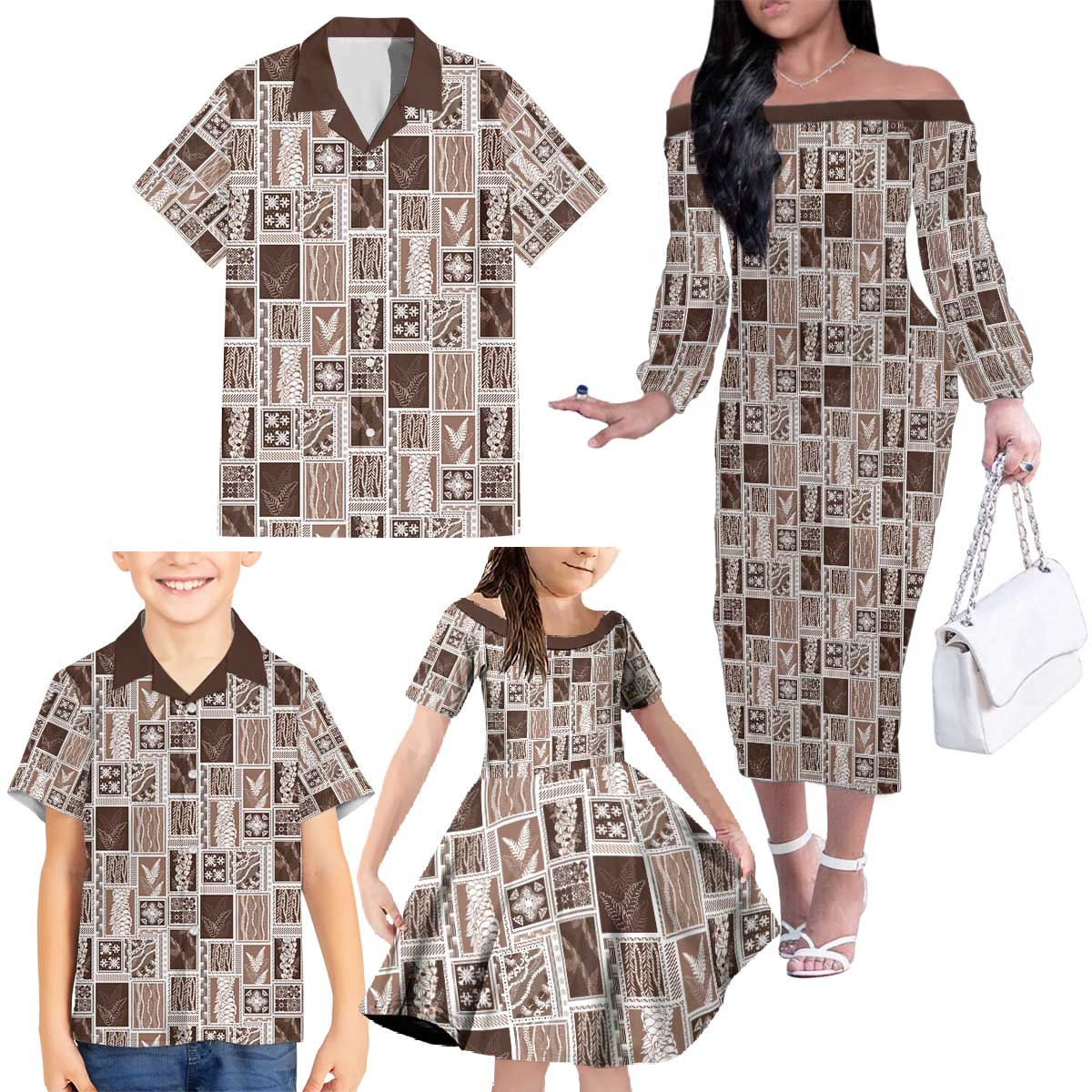 Vintage Aloha Block Quilt Family Matching Off The Shoulder Long Sleeve Dress and Hawaiian Shirt Beige Inspired Lei Motifs - Polynesian Pride