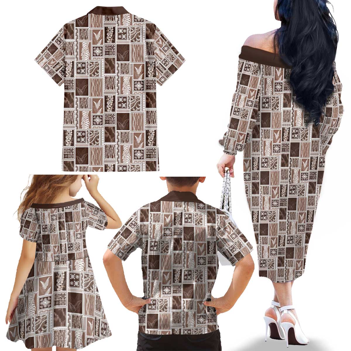 Vintage Aloha Block Quilt Family Matching Off The Shoulder Long Sleeve Dress and Hawaiian Shirt Beige Inspired Lei Motifs - Polynesian Pride