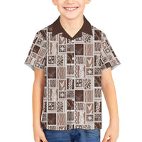 Vintage Aloha Block Quilt Family Matching Off Shoulder Short Dress and Hawaiian Shirt Beige Inspired Lei Motifs - Polynesian Pride