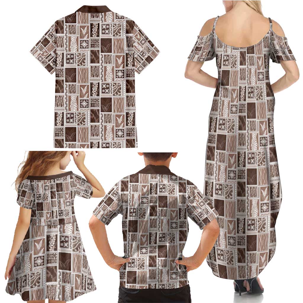 Vintage Aloha Block Quilt Family Matching Summer Maxi Dress and Hawaiian Shirt Beige Inspired Lei Motifs - Polynesian Pride