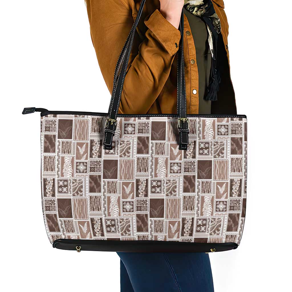 Vintage Aloha Block Quilt Leather Tote Bag Beige Inspired Lei Motifs - Polynesian Pride