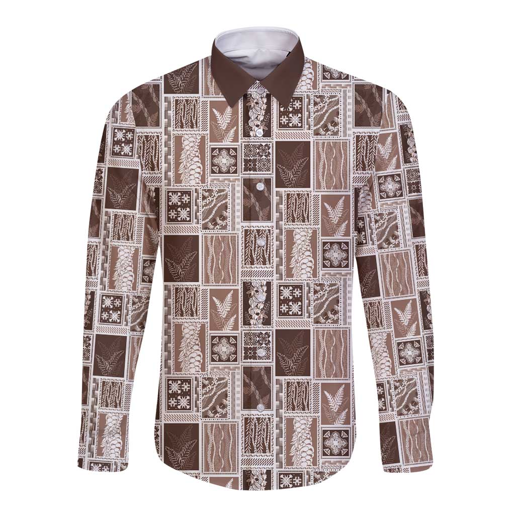 Vintage Aloha Block Quilt Long Sleeve Button Shirt Beige Inspired Lei Motifs LT9 Unisex Beige - Polynesian Pride