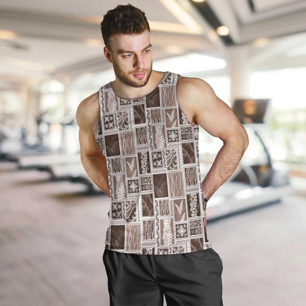 Vintage Aloha Block Quilt Men Tank Top Beige Inspired Lei Motifs - Polynesian Pride