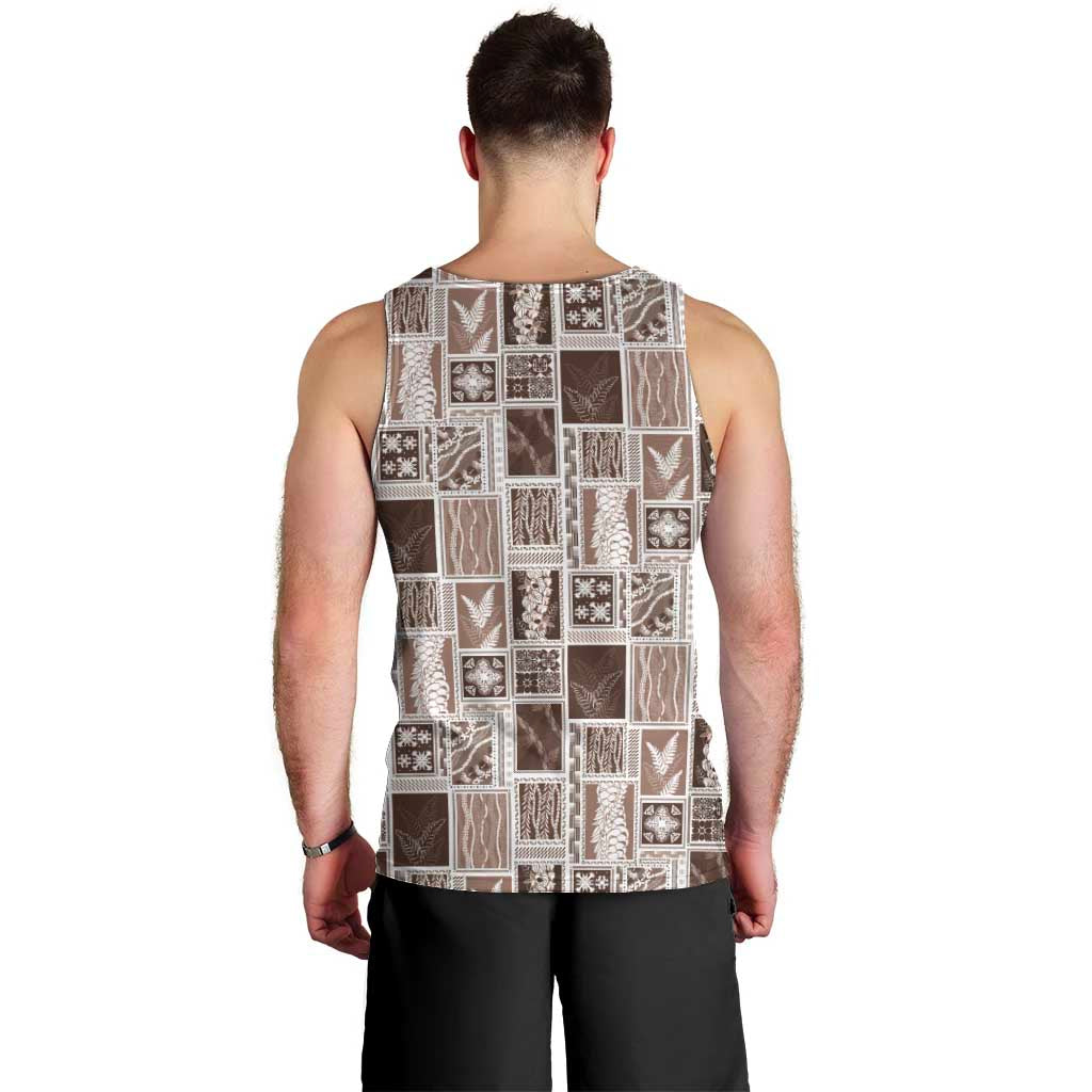 Vintage Aloha Block Quilt Men Tank Top Beige Inspired Lei Motifs - Polynesian Pride