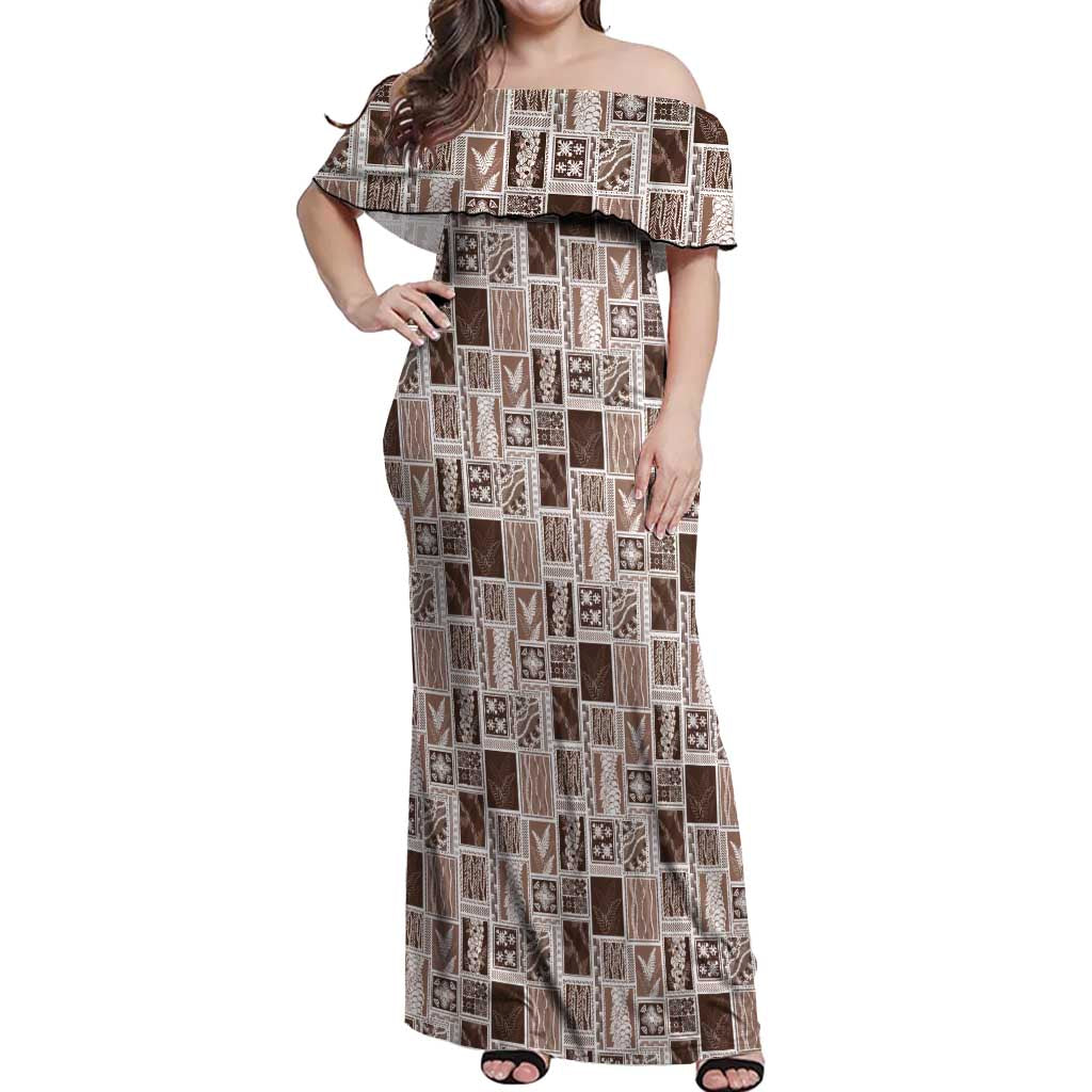 Vintage Aloha Block Quilt Off Shoulder Maxi Dress Beige Inspired Lei Motifs - Polynesian Pride