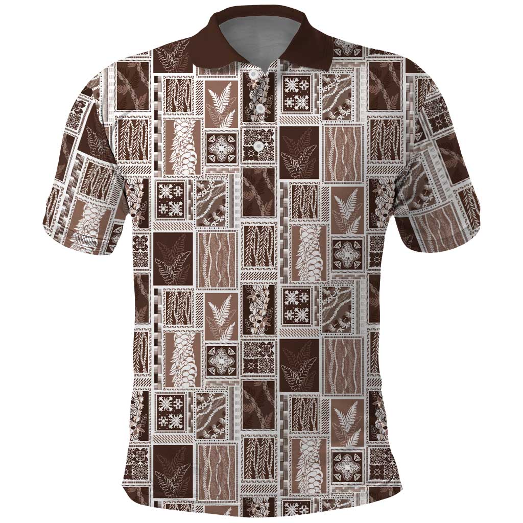 Vintage Aloha Block Quilt Polo Shirt Beige Inspired Lei Motifs - Polynesian Pride