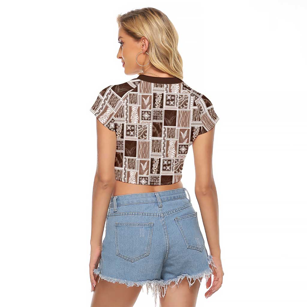 Vintage Aloha Block Quilt Raglan Cropped T Shirt Beige Inspired Lei Motifs LT9 - Polynesian Pride