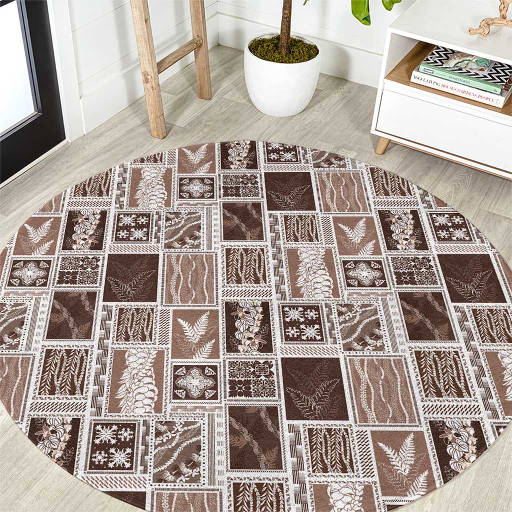 Vintage Aloha Block Quilt Round Carpet Beige Inspired Lei Motifs - Polynesian Pride