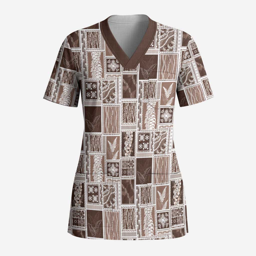 Vintage Aloha Block Quilt Scrub Top Beige Inspired Lei Motifs - Polynesian Pride