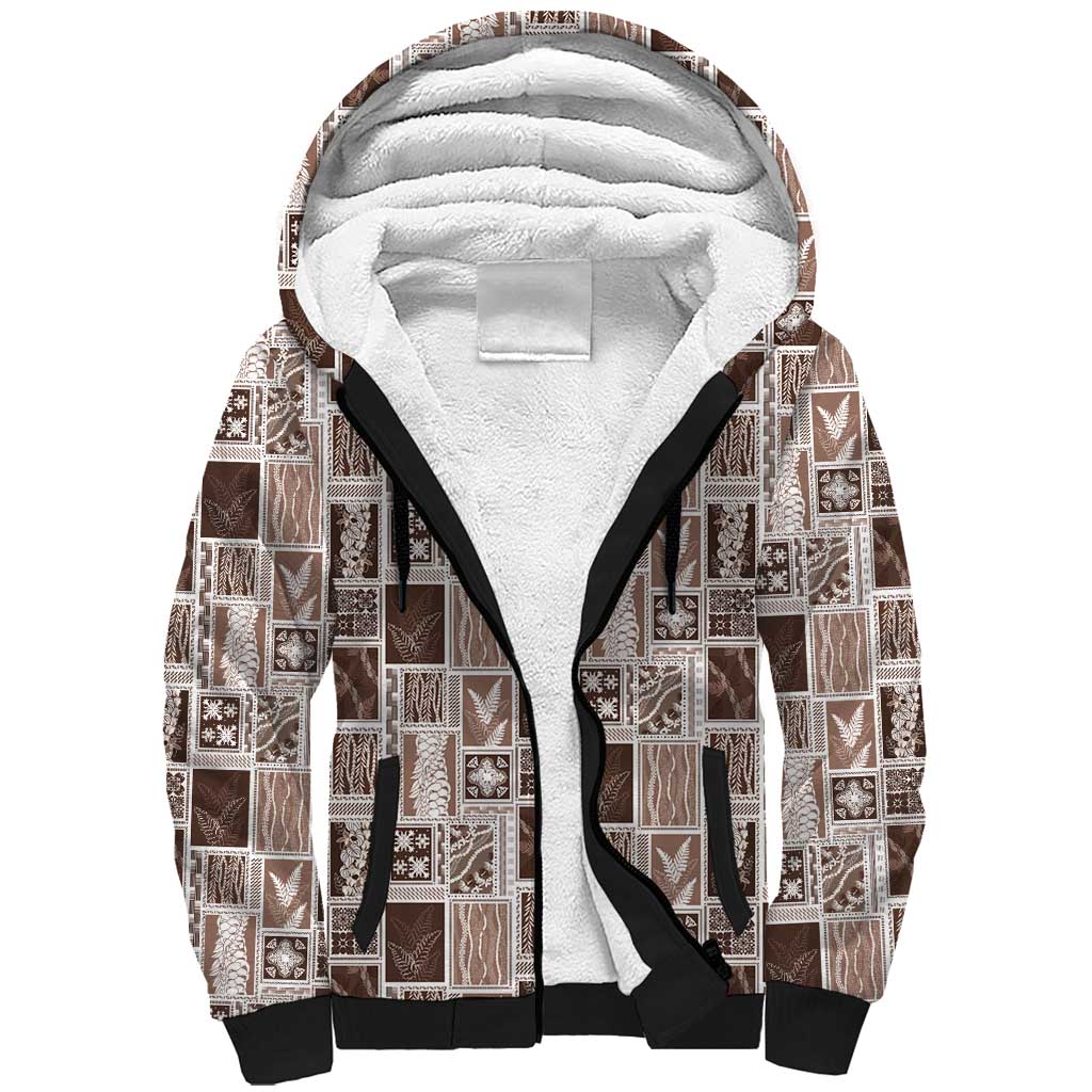 Vintage Aloha Block Quilt Sherpa Hoodie Beige Inspired Lei Motifs LT9 Unisex Beige - Polynesian Pride