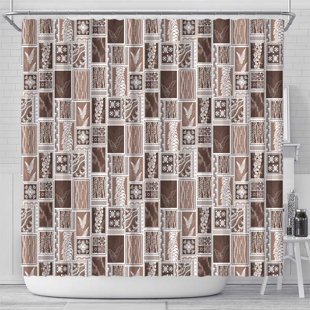 Vintage Aloha Block Quilt Shower Curtain Beige Inspired Lei Motifs - Polynesian Pride