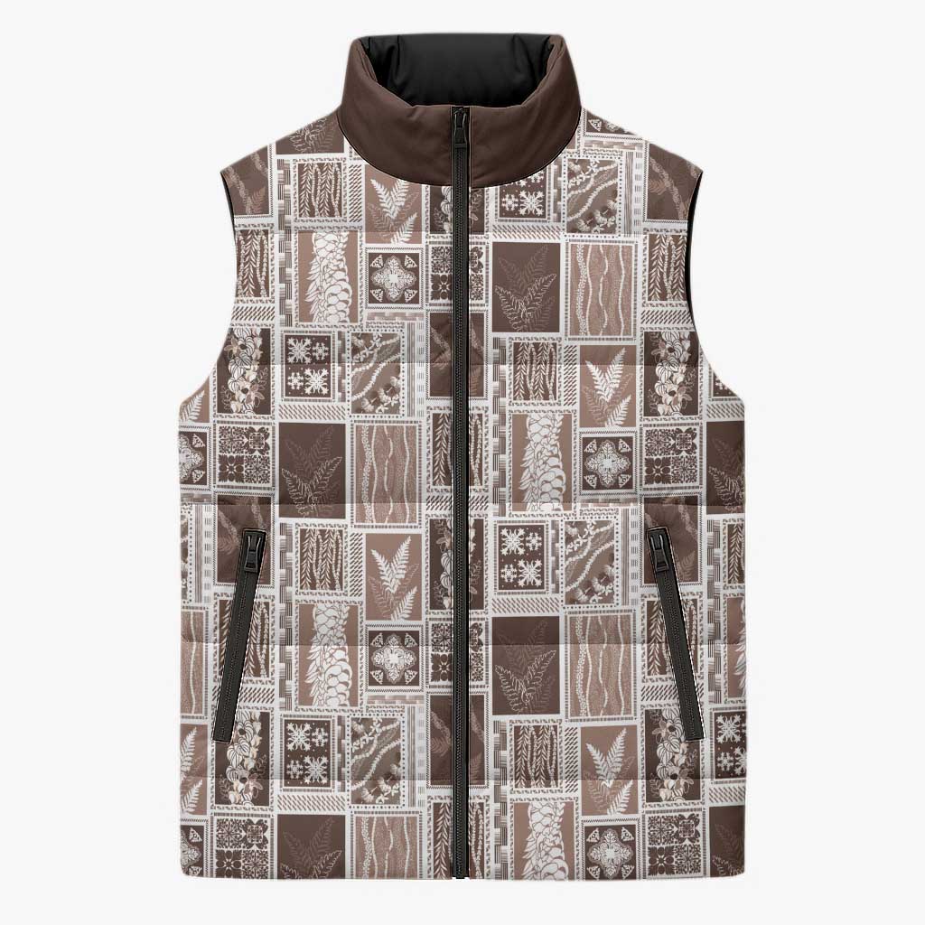 Vintage Aloha Block Quilt Sleeveless Puffer Jacket Beige Inspired Lei Motifs LT9 Unisex Beige - Polynesian Pride