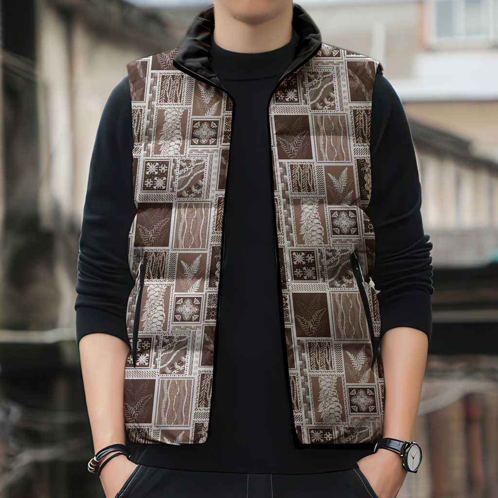 Vintage Aloha Block Quilt Sleeveless Puffer Jacket Beige Inspired Lei Motifs - Polynesian Pride