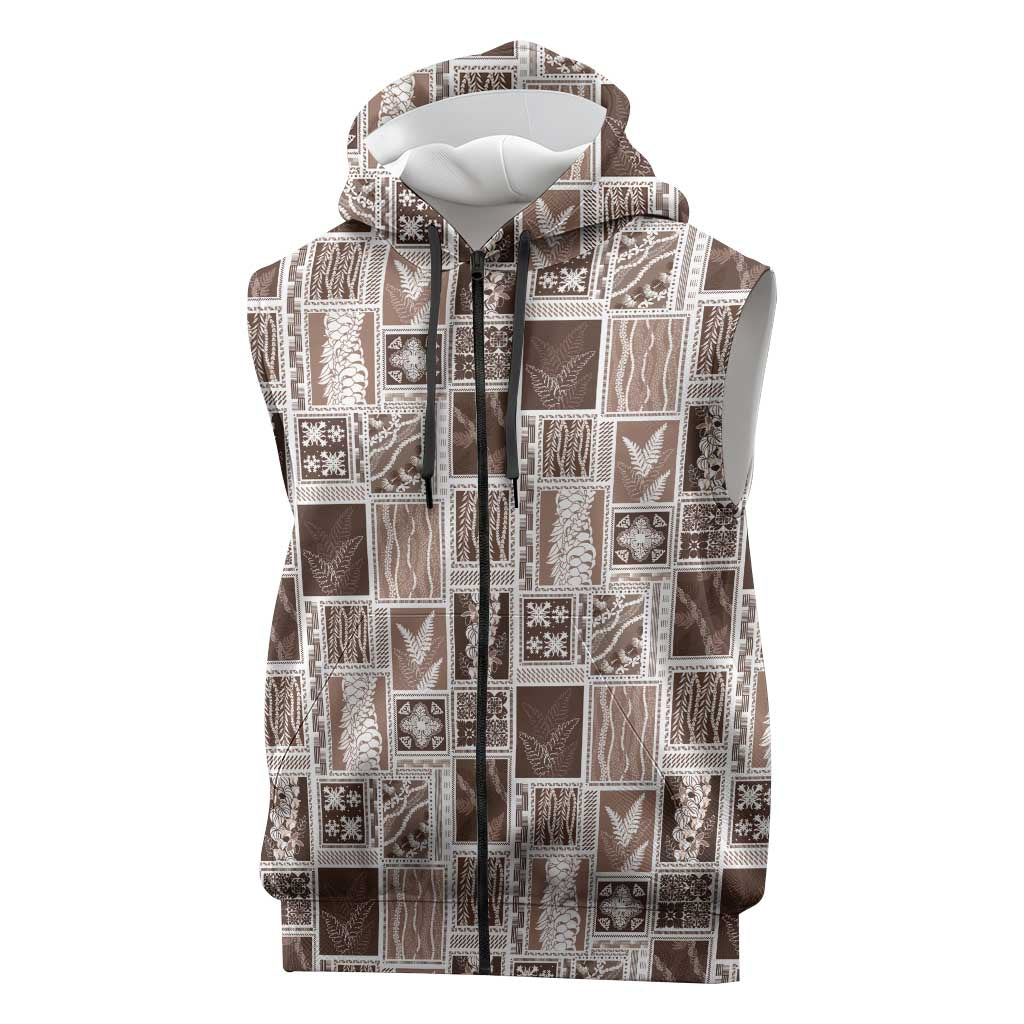 Vintage Aloha Block Quilt Sleeveless Zip Hoodie Beige Inspired Lei Motifs LT9 Beige - Polynesian Pride