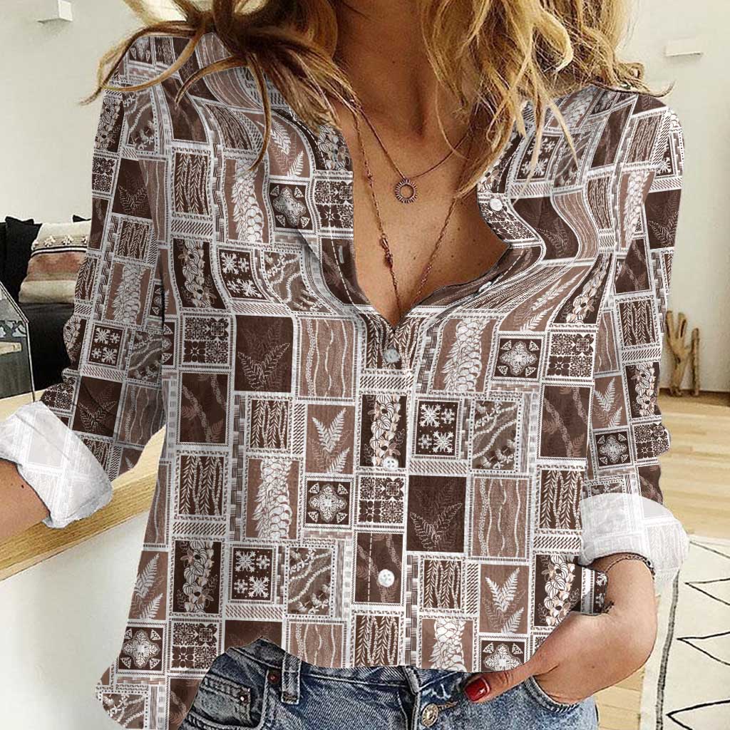 Vintage Aloha Block Quilt Women Casual Shirt Beige Inspired Lei Motifs - Polynesian Pride