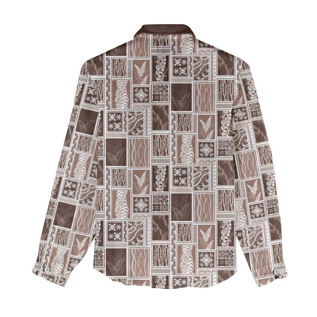 Vintage Aloha Block Quilt Women Casual Shirt Beige Inspired Lei Motifs - Polynesian Pride