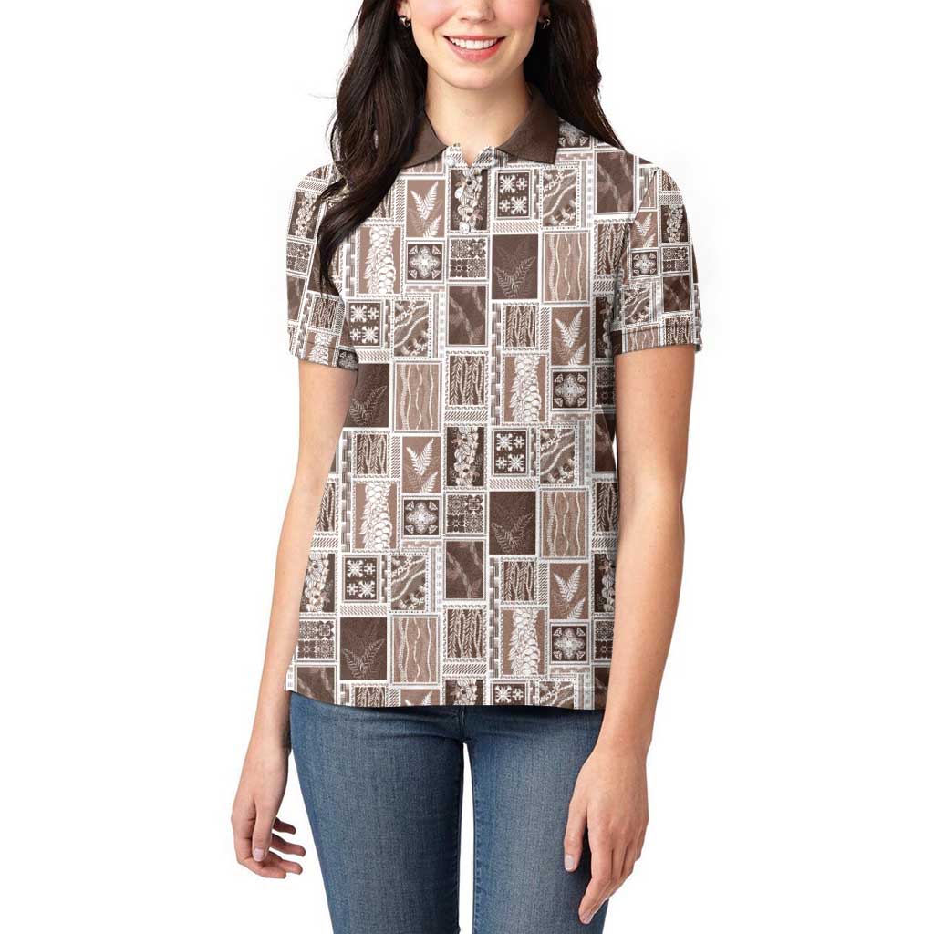 Vintage Aloha Block Quilt Women Polo Shirt Beige Inspired Lei Motifs - Polynesian Pride