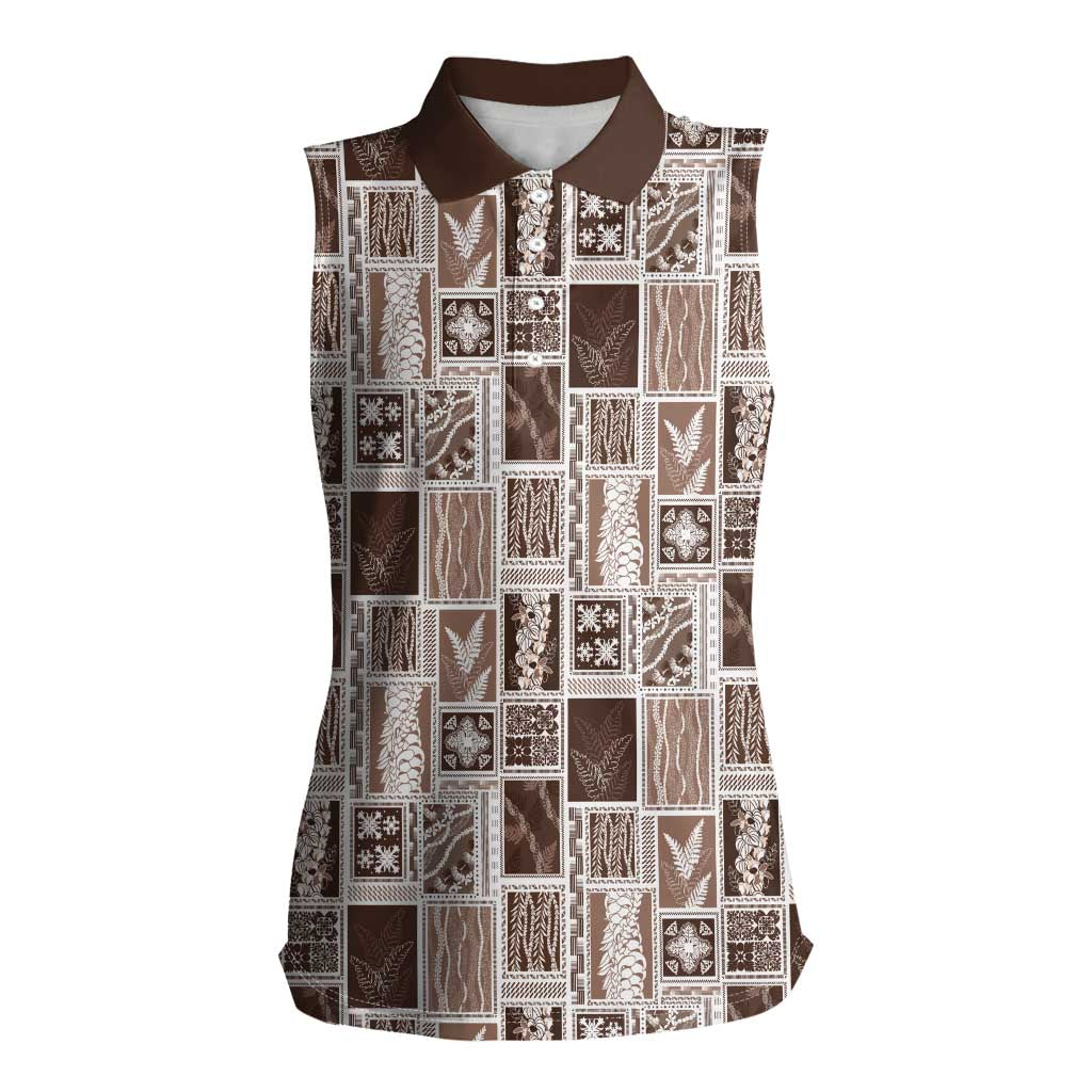 Vintage Aloha Block Quilt Women Sleeveless Polo Shirt Beige Inspired Lei Motifs - Polynesian Pride