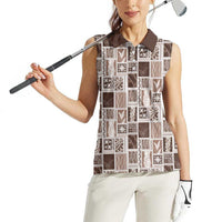 Vintage Aloha Block Quilt Women Sleeveless Polo Shirt Beige Inspired Lei Motifs - Polynesian Pride