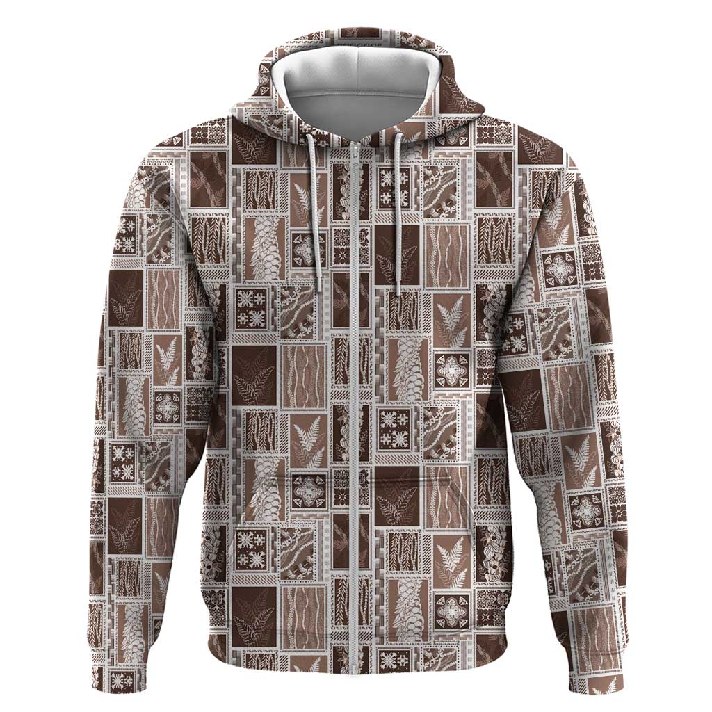 Vintage Aloha Block Quilt Zip Hoodie Beige Inspired Lei Motifs - Polynesian Pride