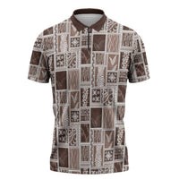 Vintage Aloha Block Quilt Zipper Polo Shirt Beige Inspired Lei Motifs - Polynesian Pride