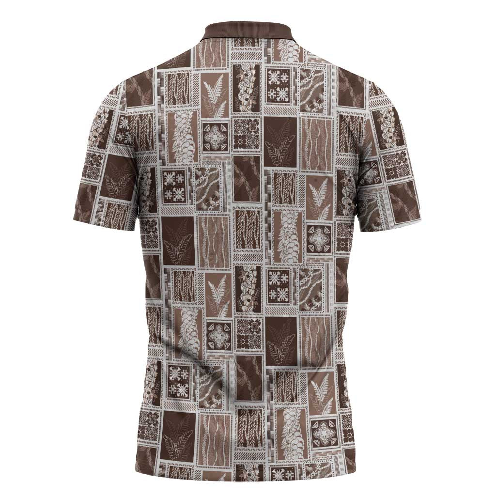 Vintage Aloha Block Quilt Zipper Polo Shirt Beige Inspired Lei Motifs - Polynesian Pride