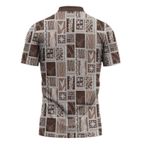 Vintage Aloha Block Quilt Zipper Polo Shirt Beige Inspired Lei Motifs - Polynesian Pride