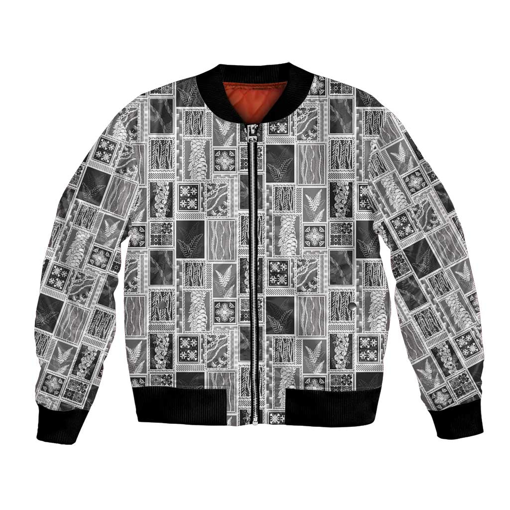Vintage Aloha Block Quilt Bomber Jacket Black Inspired Lei Motifs LT9 Unisex Black - Polynesian Pride