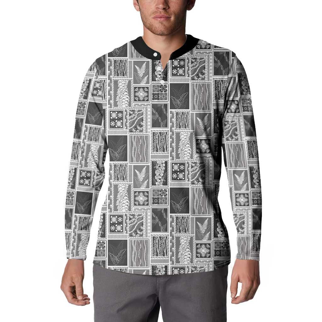 Vintage Aloha Block Quilt Button Sweatshirt Black Inspired Lei Motifs - Polynesian Pride