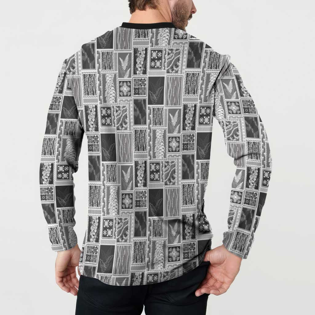 Vintage Aloha Block Quilt Button Sweatshirt Black Inspired Lei Motifs - Polynesian Pride