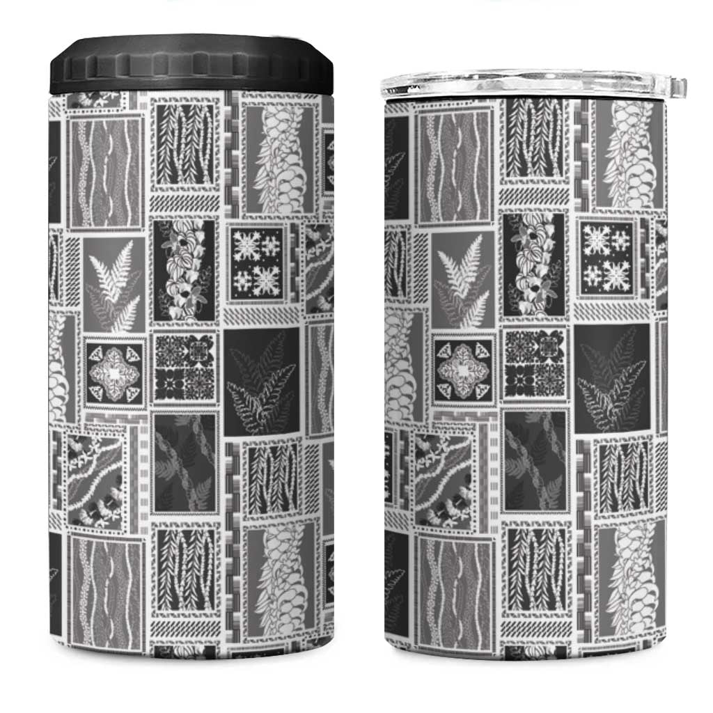 Vintage Aloha Block Quilt 4 in 1 Can Cooler Tumbler Black Inspired Lei Motifs - Polynesian Pride