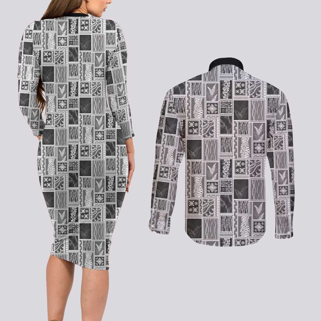 Vintage Aloha Block Quilt Couples Matching Long Sleeve Bodycon Dress and Long Sleeve Button Shirt Black Inspired Lei Motifs - Polynesian Pride