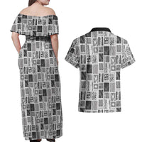 Vintage Aloha Block Quilt Couples Matching Off Shoulder Maxi Dress and Hawaiian Shirt Black Inspired Lei Motifs - Polynesian Pride