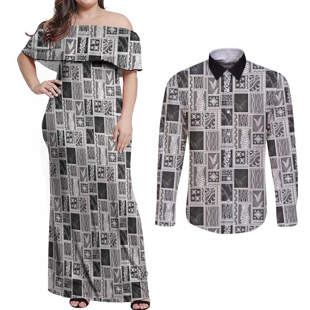 Vintage Aloha Block Quilt Couples Matching Off Shoulder Maxi Dress and Long Sleeve Button Shirt Black Inspired Lei Motifs - Polynesian Pride