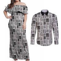 Vintage Aloha Block Quilt Couples Matching Off Shoulder Maxi Dress and Long Sleeve Button Shirt Black Inspired Lei Motifs - Polynesian Pride